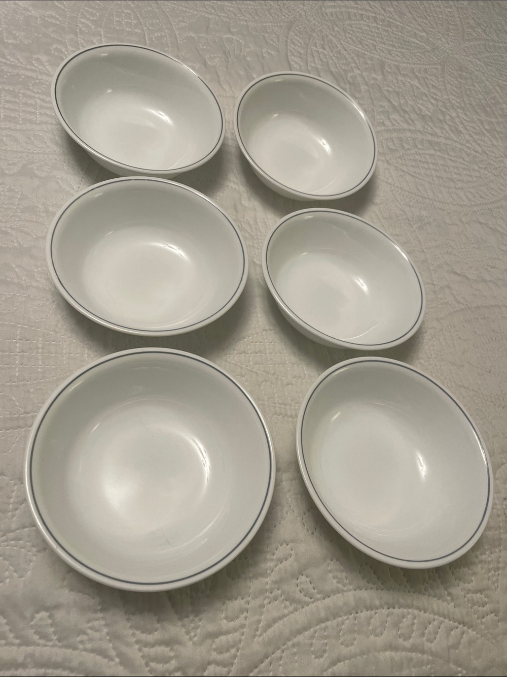 CORELLE Set of 6 Soup Bowls Cereal Bowls White with Blue Stripe Rim